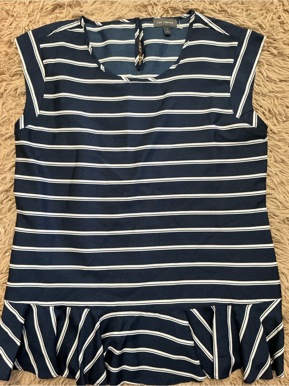 The Limited Navy & White Striped Ruffle-Hem Cap Sleeve Top